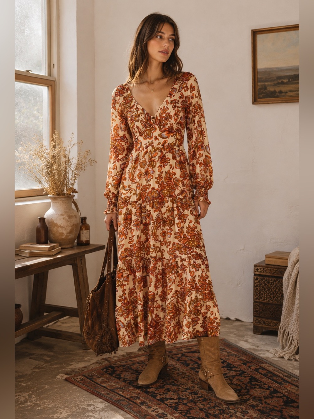 Boho V-Neck Maxi Dress in Rust Floral Print